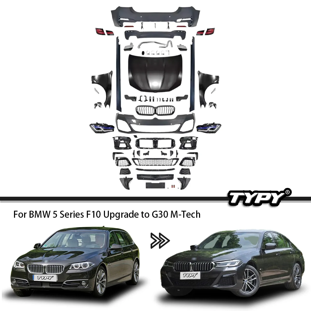 Tech Accessories Kit - BMW 5シリーズF10用ボディキット、G30 M-Techスタイルにアップグレード改造、フロントとリアバンパーのボディキット、カーアクセサリー