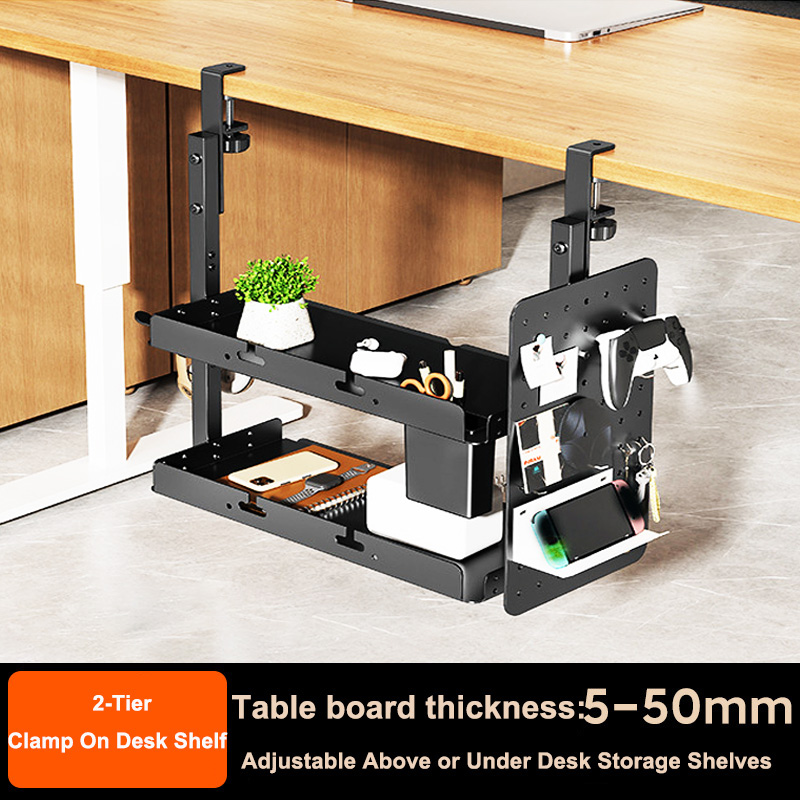 Tech Accessories For Desk - クランプ式14インチデスク上・下2段棚ユニット、テーブルアクセサリー、ゲーム機器、その他の収納トレイ、デスクトップオーガナイザー