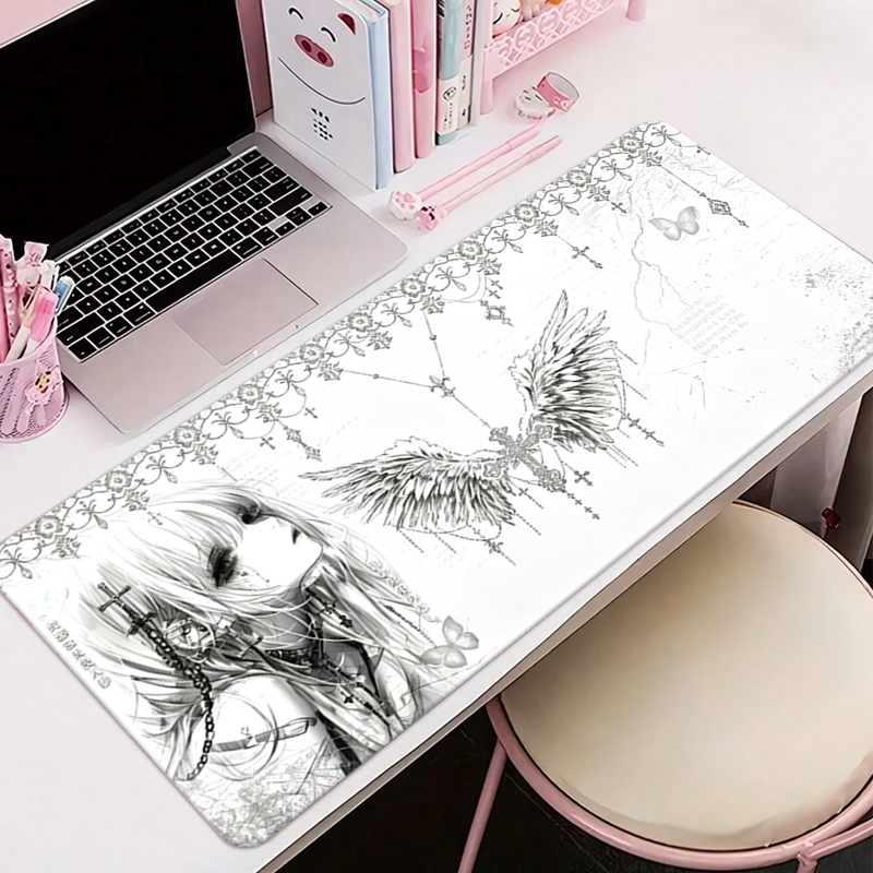 Tech Accessories For Desk - レザーマウスパッド黒白アニメ美学エンジェルガールマウスパッドオフィスアクセサリーPCゲームキーボードEスポーツHDデスクマット