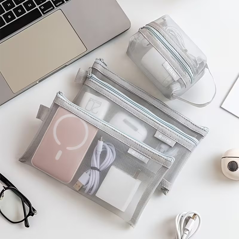 グレーのメッシュオーガナイザーバッグ – 旅行、メイクアップ - Tech Accessories For Desk のレビューと価格